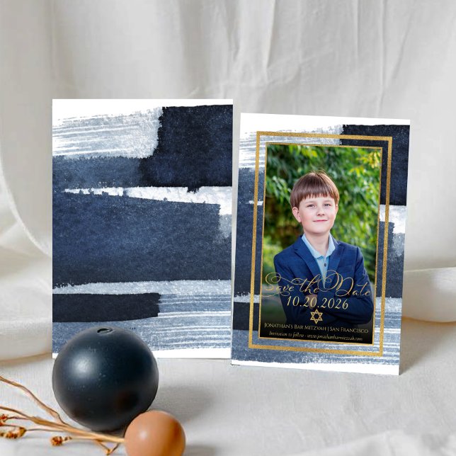 Gold Abstract Blue Photo Bar Mitzvah Save the Date Invitation (Creator Uploaded)
