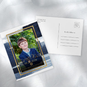 Gold Abstract Blue Photo Bar Mitzvah Save the Date Postcard
