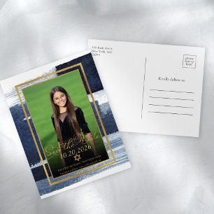 Gold Abstract Blue Photo Bat Mitzvah Save the Date Postcard