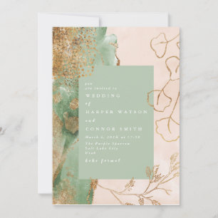 Gold Abstract Eucalyptus Modern Greenery Wedding Invitation