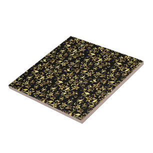 Gold Abstract Floral in Black Background Tile