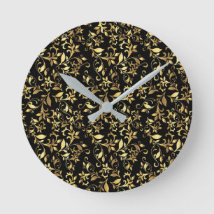 Gold Abstract Floral on Black Background Round Clock