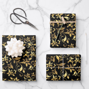 Gold Abstract Floral on Black Background Wrapping Paper Sheet
