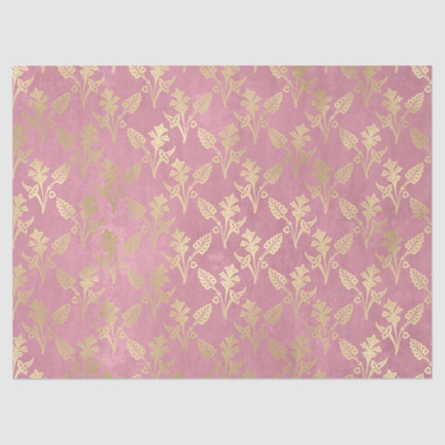 Gold Abstract Flowers on Pink Decoupage Tissue Paper (Front)