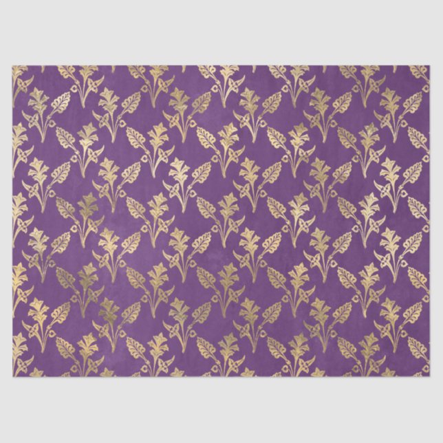 Gold Abstract Flowers on Purple Decoupage Tissue Paper (Front)