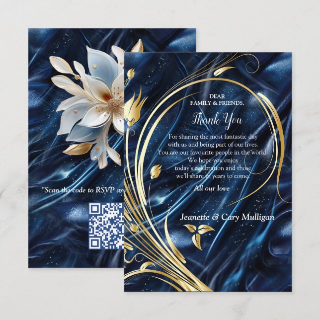 Gold abstract flowers on Simmery Blue Silk  RSVP Card (Front/Back)