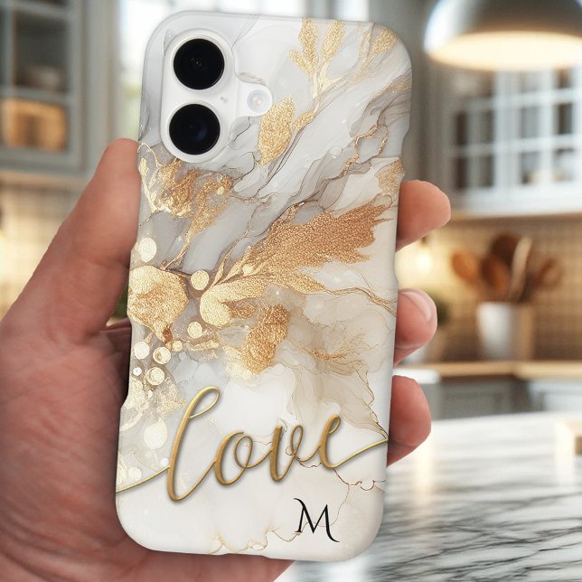 Gold Abstract Love Script Phone Case (Phone case featuring an original painting in gold and ivory with monogram and script love text)