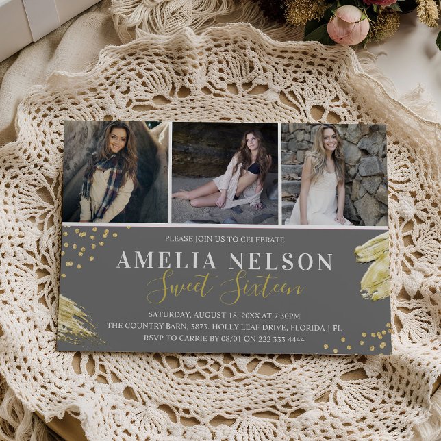 Gold Abstract Photo Collage Sweet 16 Birthday Invitation (Creator Uploaded)