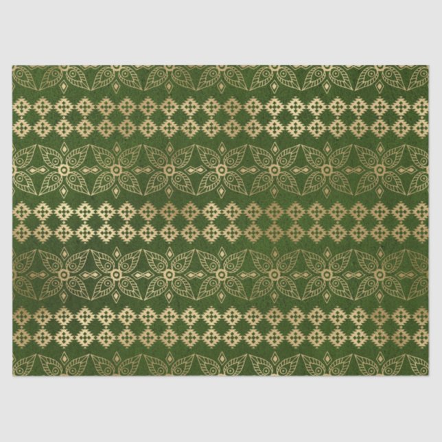Gold Abstract Repeating Flowers on Green Decoupage Tissue Paper (Front)