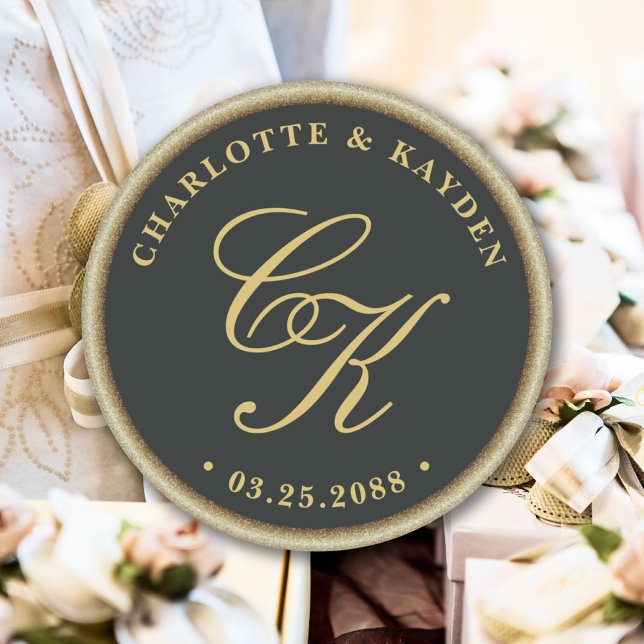 Gold Accent Dark Green Monogram Wedding Favour Classic Round Sticker (Gold Accent Dark Green Monogram Wedding Favor Classic Round Sticker)