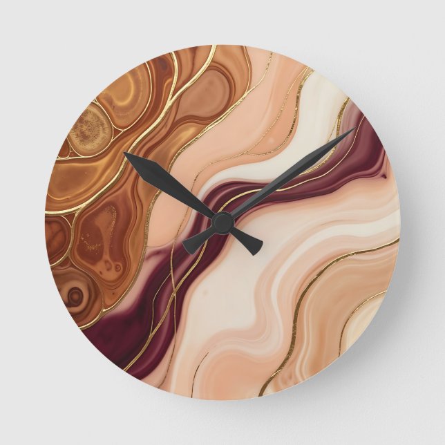 Gold Accent Fluid Art Agate Marble Abstract Round Clock (Front)