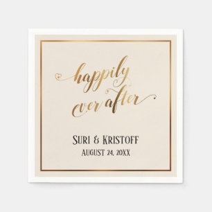 Gold Accent Happily Ever After Hearts Script Cream Napkin