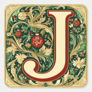 Gold Accented Christmas J in Red and Green Square Sticker