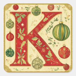 Gold-Accented Christmas Letter K with Greenery Square Sticker