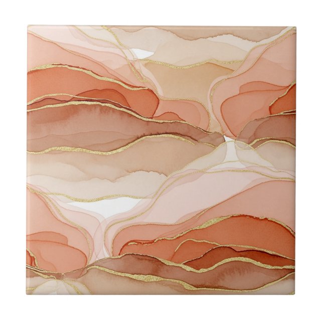 Gold Accented Fluid Art - Sienna Marble Tile (Front)