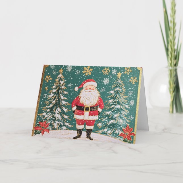 Gold Accented Santa and Snowflakes Design Card (Front)