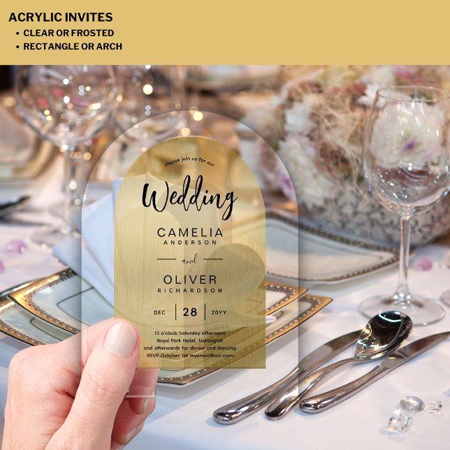 GOLD Acrylic Wedding Invites Black Text Modern Invitations (Creator Uploaded)