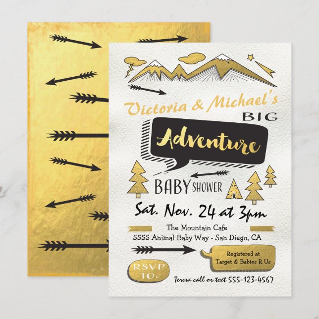 Gold Adventure Mountain Camping Tribal Baby Shower Invitation (Front/Back)