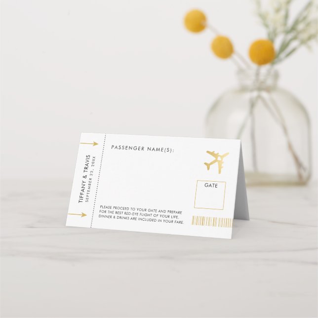 Gold Aeroplane Boarding Pass Ticket Folded Escort Place Card (Front)