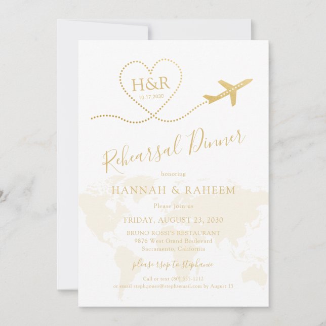 Gold Aeroplane Heart Map Rehearsal Dinner Invitation (Front)