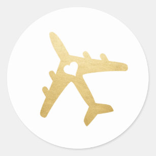 Gold Aeroplane Heart Travel Destination Wedding Classic Round Sticker