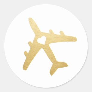 Gold Aeroplane Heart Travel Destination Wedding Classic Round Sticker
