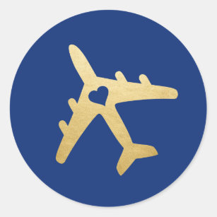 Gold Aeroplane Heart Travel Theme EDITABLE COLOR Classic Round Sticker