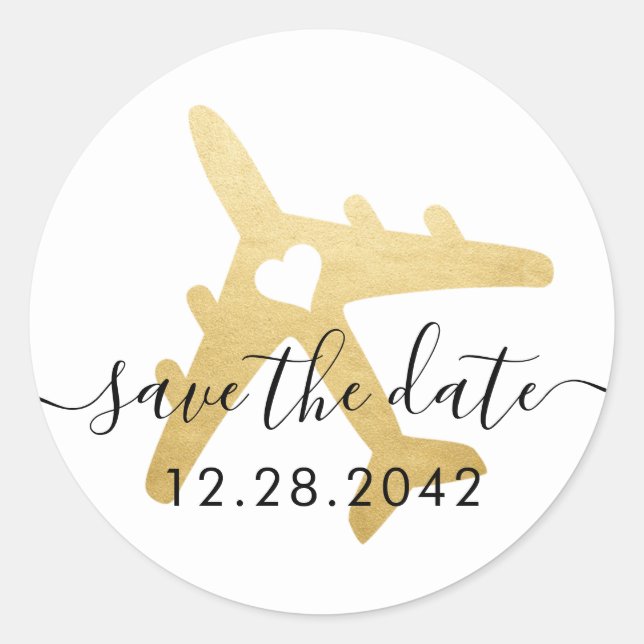 Gold Aeroplane Heart Travel Theme Save the Date Classic Round Sticker (Front)