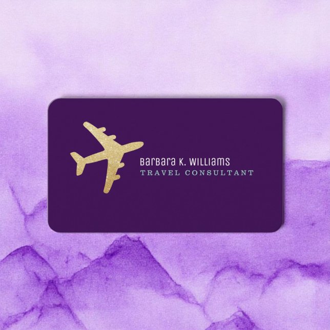 Gold Aeroplane Travel Consultant Purple Business Card (Creator Uploaded)