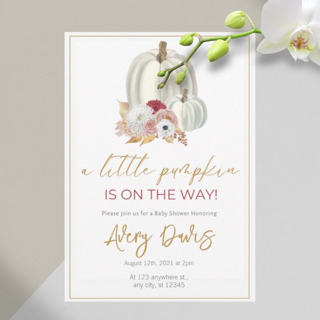 Gold Aesthetic Floral Pumpkin Baby Shower Invitation (Creator Uploaded)