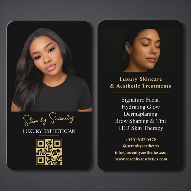 Gold Aesthetician QR Code Luxury Black Beauty Business Card (Creator Uploaded)