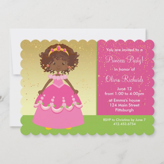 Gold African American Princess Girl Birthday Party Invitation (Front)