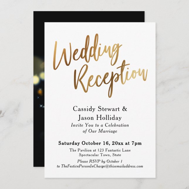 Gold After the Wedding Reception, Bokeh Black Back Invitation (Front/Back)