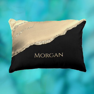 Gold Agate & Glitter, Gold Name on Black Decorative Cushion