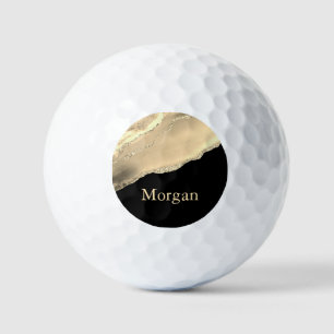 Gold Agate & Glitter, Gold Name on Black Golf Balls