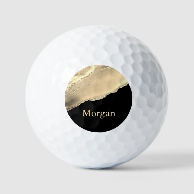 Gold Agate & Glitter, Gold Name on Black Golf Balls (Front)