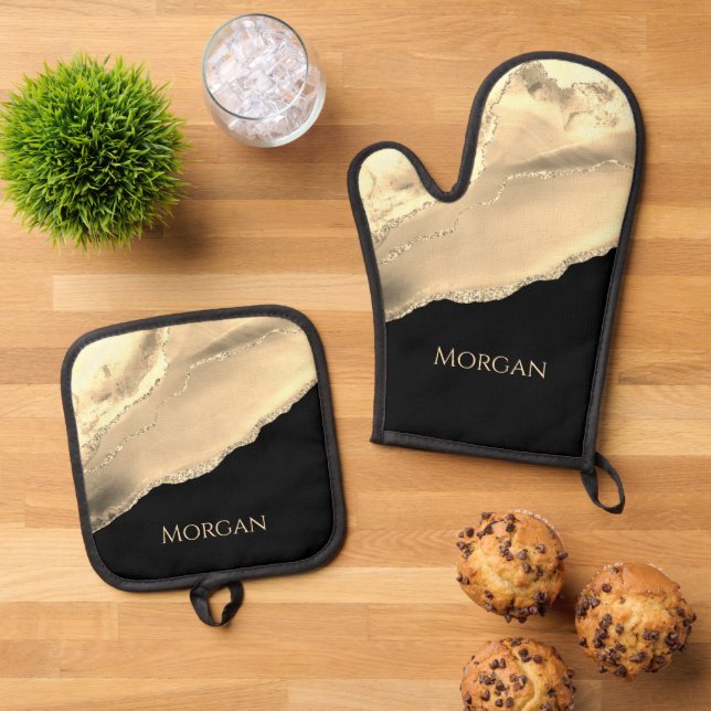 Gold Agate & Glitter, Gold Name on Black Oven Mitt & Pot Holder Set (Top Down)