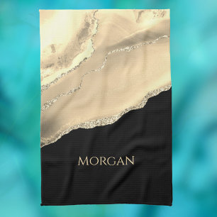 Gold Agate & Glitter, Gold Name on Black Tea Towel