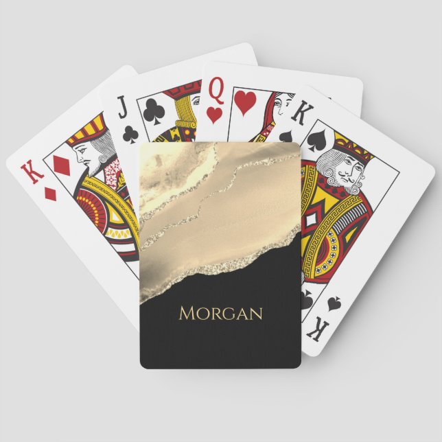 Gold Agate, Glitter & Name on Black Playing Cards (Back)