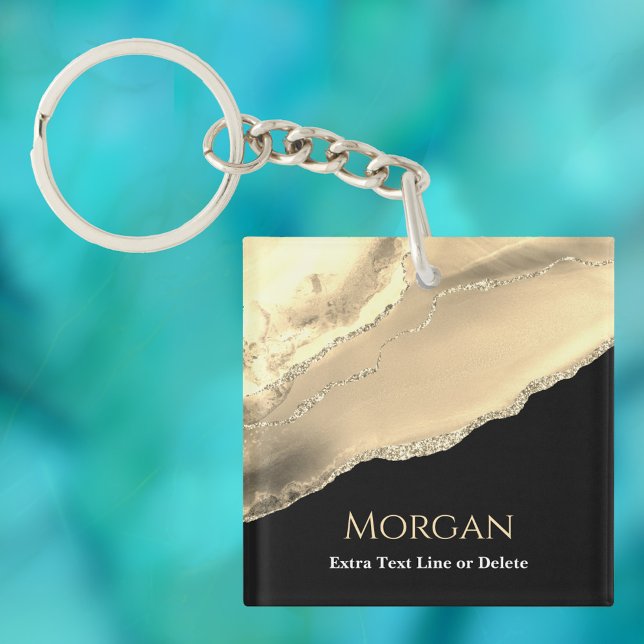 Gold Agate & Glitter, Name & Text Line, Black Key Ring (Creator Uploaded)