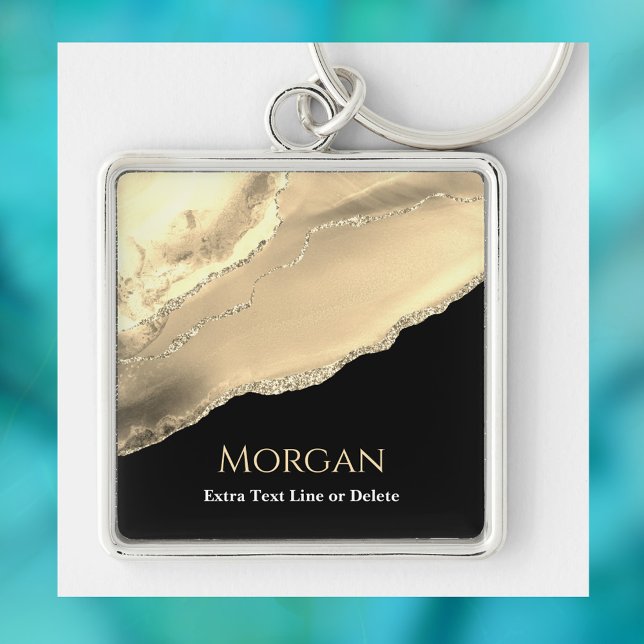 Gold Agate & Glitter, Name & Text Line, Black Key Ring (Creator Uploaded)