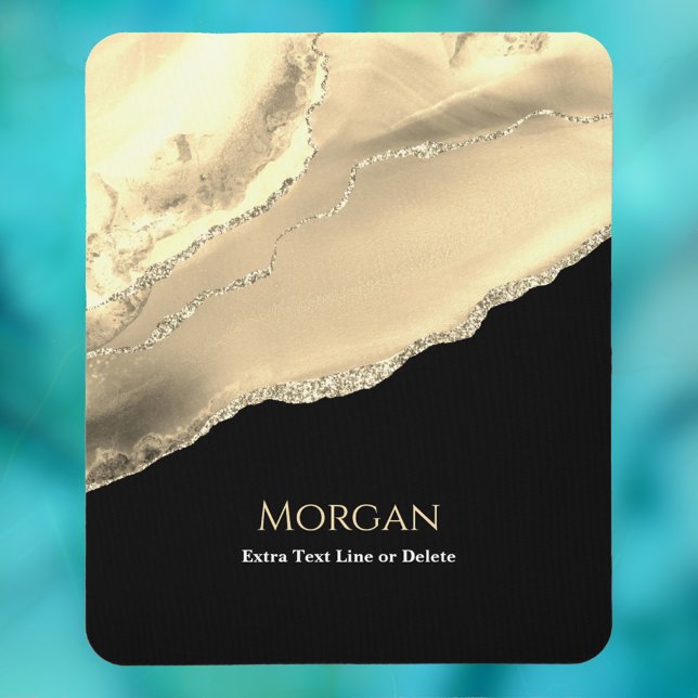 Gold Agate & Glitter, Name & Text Line, Black Mouse Mat (Creator Uploaded)