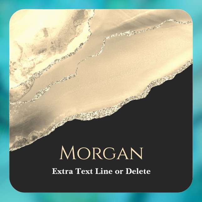 Gold Agate & Glitter, Name & Text Line, Black Square Sticker (Creator Uploaded)