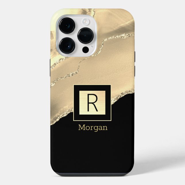 Gold Agate, Name & Monogram, Black & Gold Box iPhone Case (Back)