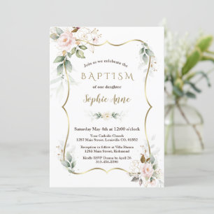 Gold Airy Greenery Blush Pink Gold Floral Baptism Invitation