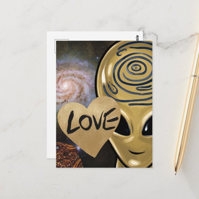 Gold Alien Love Postcard (Front/Back In Situ)