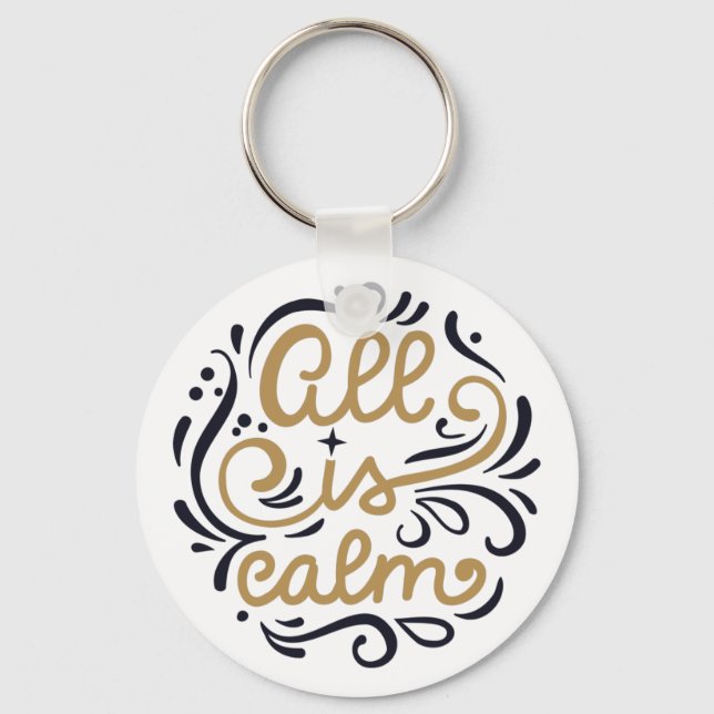 Gold All is Calm Typography Christmas Holiday Key Ring (Front)