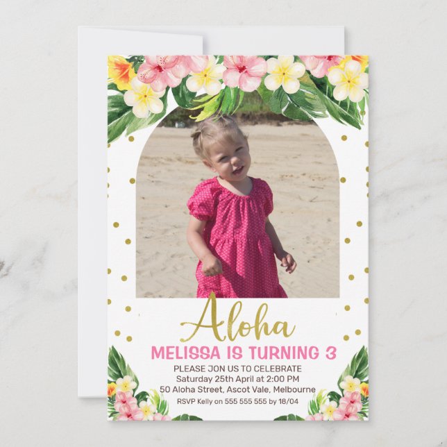 Gold Aloha Floral Foliage Arched Photo Birthday Invitation (Front)