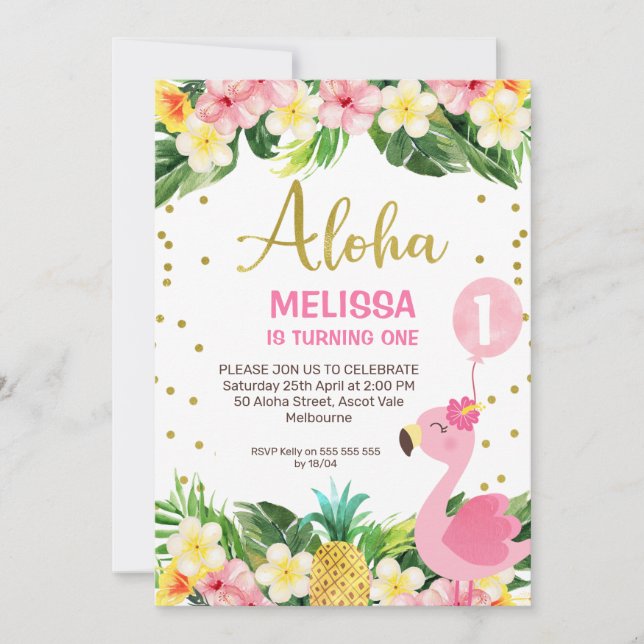 Gold Aloha Floral Foliage Flamingo 1st Birthday Invitation (Front)