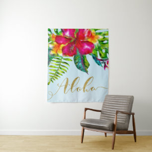 Gold Aloha Hawaiian Luau Electric Floral Backdrop Tapestry